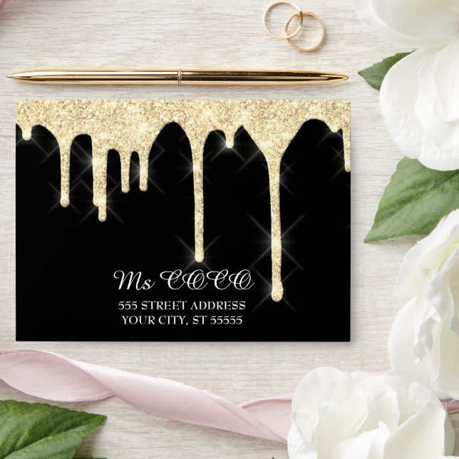 Faux Gold Drips Wedding Black Corporate  Envelope (Wedding)