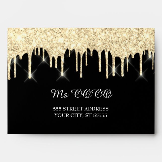 Faux Gold Drips Wedding Black Corporate  Envelope (Front)