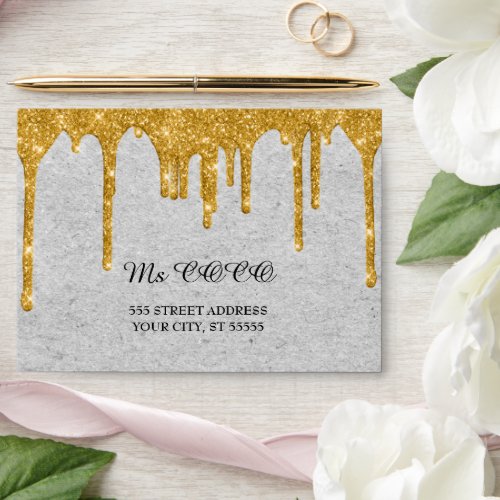 Faux Gold Drips Wedding Gray Kraft Paper Effect Envelope