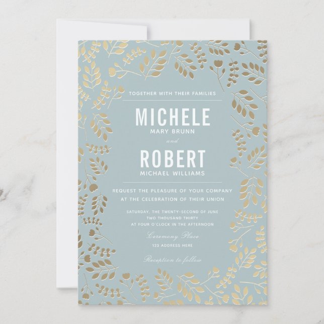 Faux Gold Dusty Blue Botanical Wedding Invitation (Front)