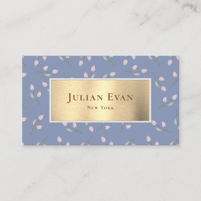 Faux Gold Dusty Blue Floral Business Card (Front)