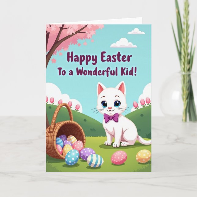 Faux Gold Easter Cat Kid Card (Front)