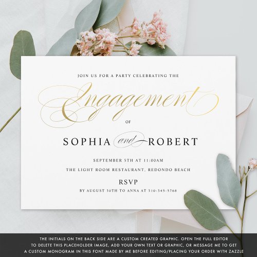 Faux Gold Elegant Calligraphy Engagement Monogram  Invitation