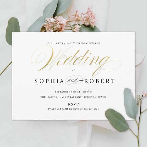 Faux Gold Elegant Calligraphy Wedding Engagement Invitation