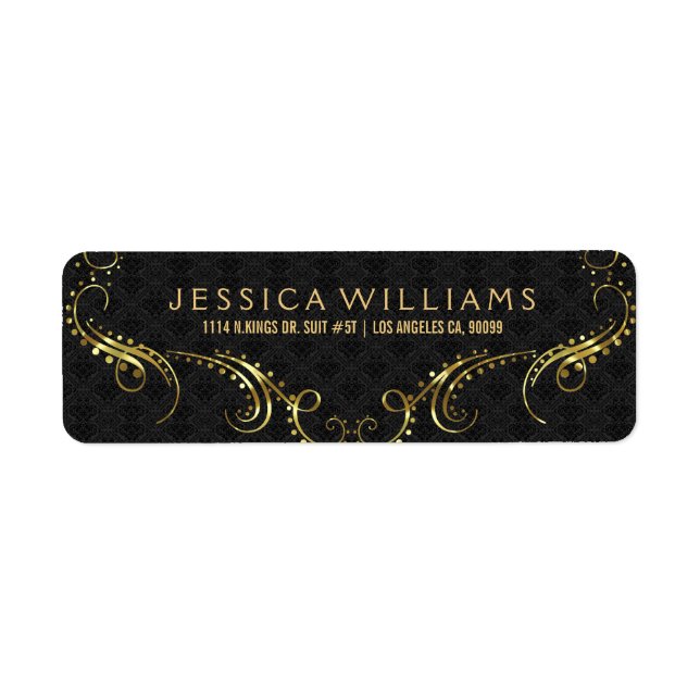Faux Gold Elegant Floral Frame On Black Label (Front)