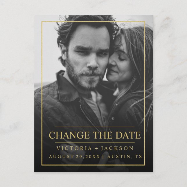 FAUX GOLD ELEGANT FRAME PHOTO CHANGE THE DATE ANNOUNCEMENT POSTCARD (Front)