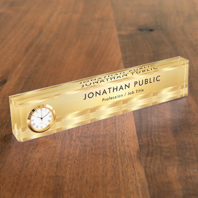 Faux Gold Elegant Modern Template With Clock Desk Name Plate (Side)