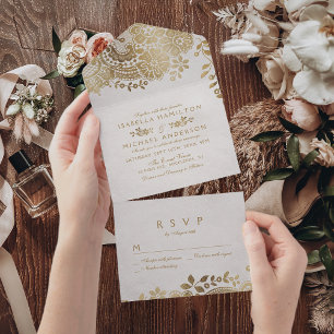 Faux gold elegant vintage lace wedding all in one invitation