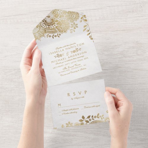 Faux gold elegant vintage lace wedding all in one invitation