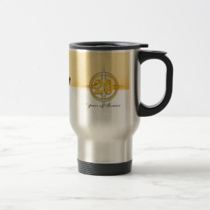 Faux gold emblem employee 20 year anniversary travel mug