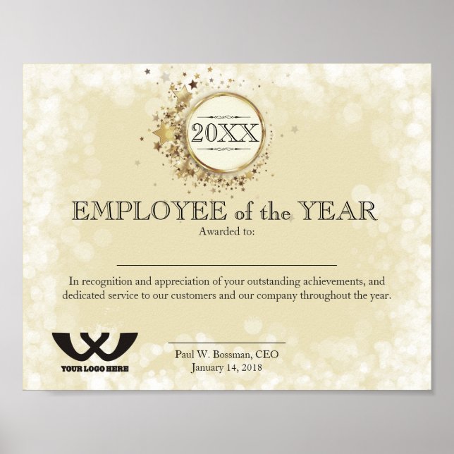 Faux gold emblem employee of the year certificate poster (Front)