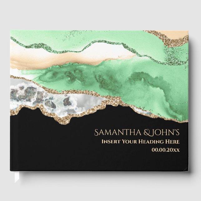 Faux gold emerald green gemstone geode agate guest book (Front)