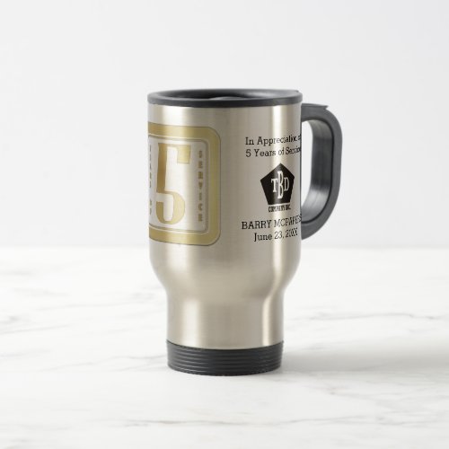 Faux gold employee 5 years service award travel mug