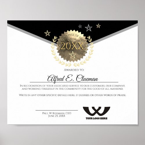 Faux gold employee of the year award certificate poster