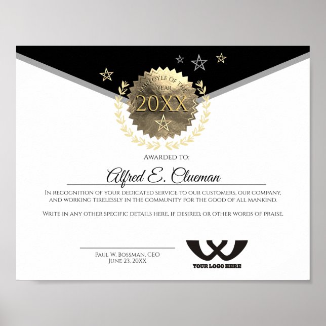 Faux gold employee of the year award certificate poster (Front)