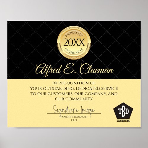 Faux gold employee of the year award certificate poster