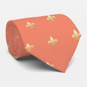 Faux Gold Fleur de lis DIY Coral Orange Neck Tie