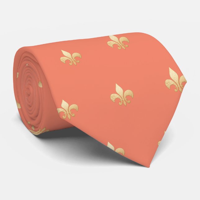 Faux Gold Fleur de lis DIY Coral Orange Neck Tie (Rolled)