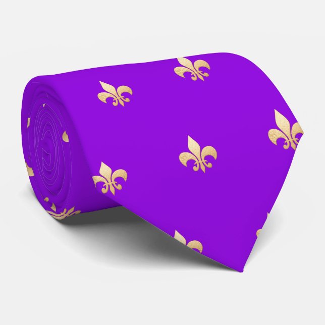 Faux Gold Fleur de lis DIY Neon Purple  Neck Tie (Rolled)