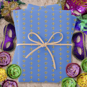 Faux Gold FleurDeLis on Blue Wrapping Paper Sheets