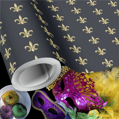 Faux Gold FleurDeLis on Graphite Wrapping Paper