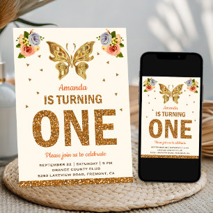 Faux Gold Floral Butterfly First Birthday Party Invitation
