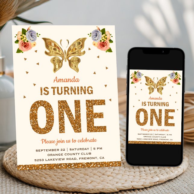 Faux Gold Floral Butterfly First Birthday Party Invitation (Creator Uploaded)