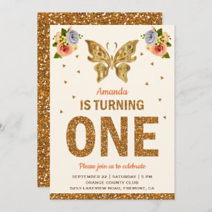 Faux Gold Floral Butterfly First Birthday Party Invitation