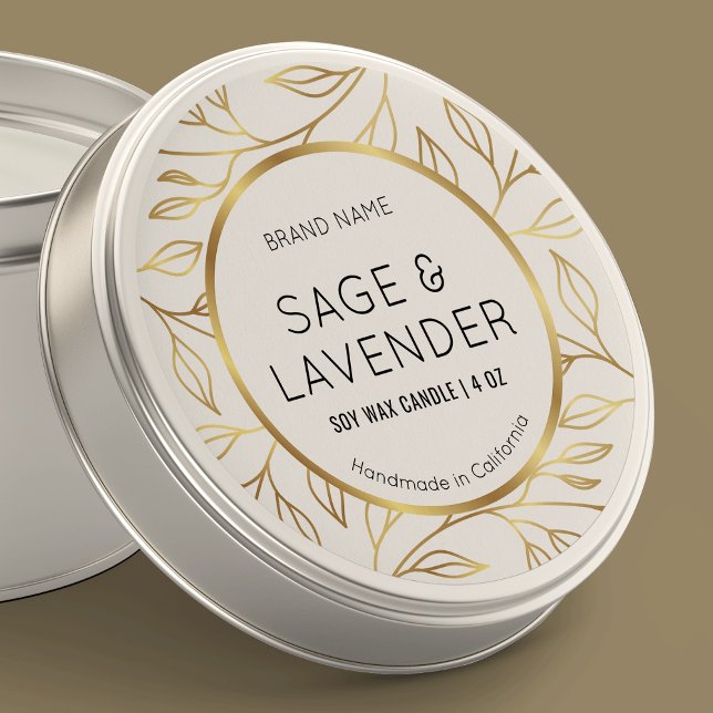 Faux Gold Floral Candle Clear Vinyl Product Label (Clear round product labels printed on translucent water resistant vinyl stickers)