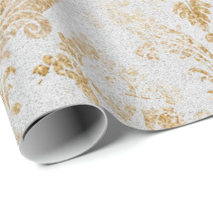 Faux Gold Floral Cottage Grungy Damask Gray Royal Wrapping Paper