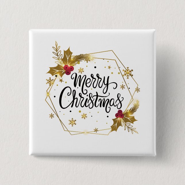 Faux Gold Floral Merry Christmas | Pin Button (Front)