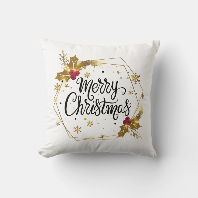 Faux Gold Floral Merry Christmas | Throw Pillow (Front)