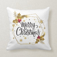 Faux Gold Floral Merry Christmas | Throw Pillow