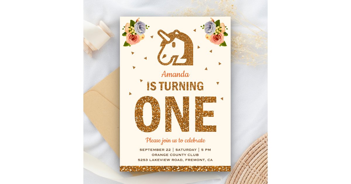Faux Gold Floral Unicorn First 1st Birthday Party Invitation | Zazzle