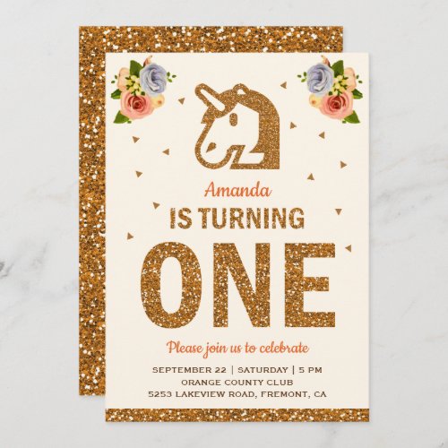 Faux Gold Floral Unicorn First 1st Birthday Party Invitation