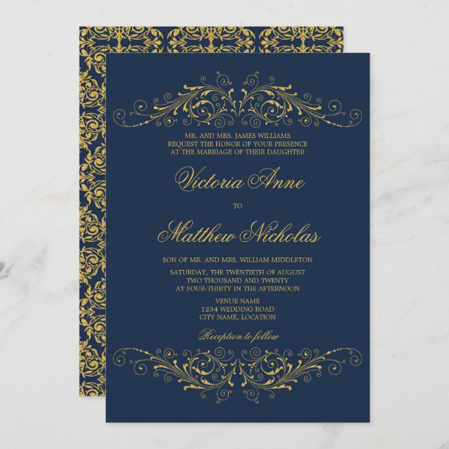 Faux Gold Flourish Damask Navy Blue Invitation (Front/Back)