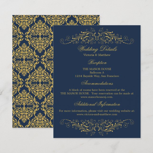 Faux Gold Flourish Damask Navy Wedding Details Invitation (Front/Back)