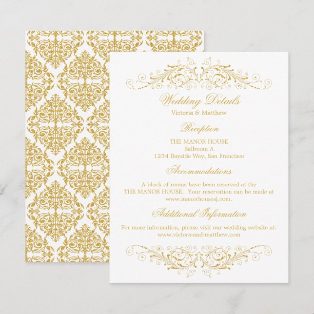 Faux Gold Flourish Damask Wedding Details Invitation (Front/Back)