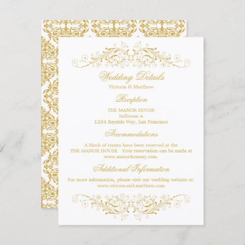 Faux Gold Flourish Damask Wedding Details Invitation