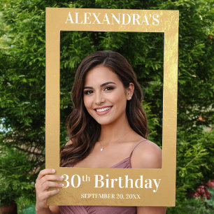 Faux Gold Foil 30th Birthday Party White Text Selfie Frame