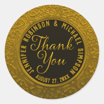 Faux Gold Foil And Black Thank You Classic Round Sticker by GlitterInvitations at Zazzle
