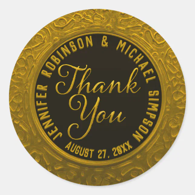 Faux Gold Foil and Black Thank You Classic Round Sticker | Zazzle
