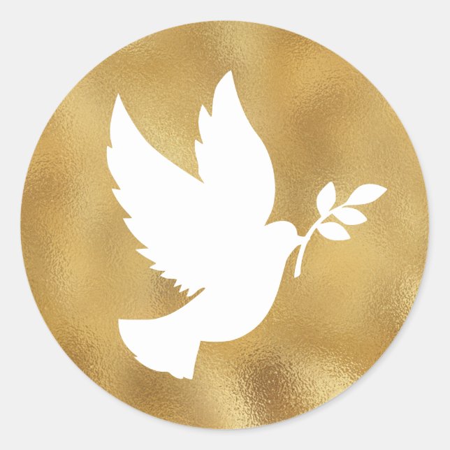 Faux Gold Foil and White Peace Dove Classic Round Sticker (Front)