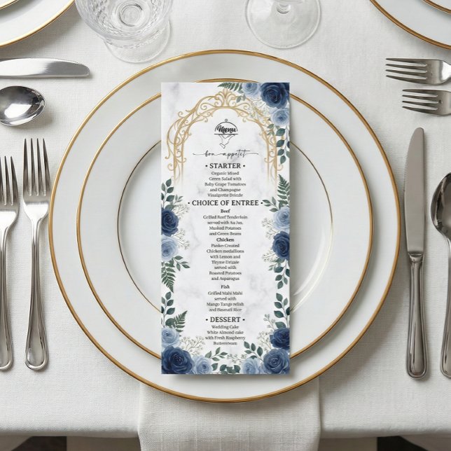 Faux Gold Foil Arch Navy Floral Printed Marble Menu (Creator Uploaded)