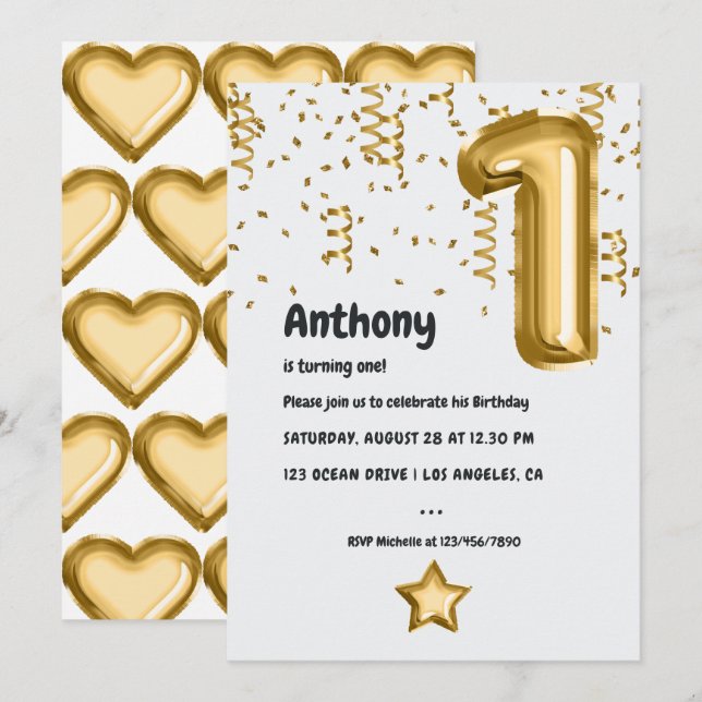 Faux Gold Foil Balloon 1st Birthday Invitation (Front/Back)