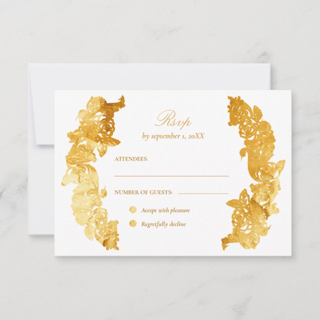 Faux gold foil baroque botanical RSVP card (Front)