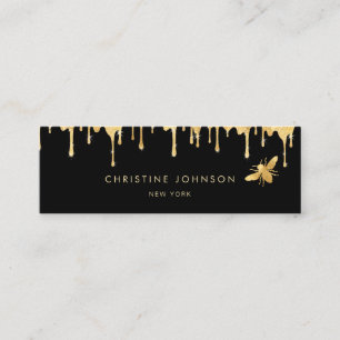 faux gold foil bee and honey on black background mini business card