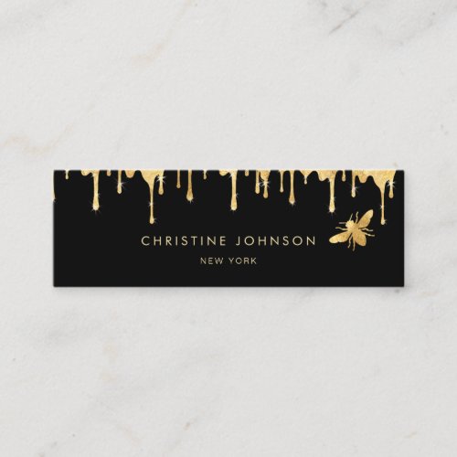 faux gold foil bee  and honey on black background mini business card