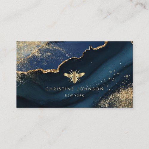 faux gold foil bee on agate background business card