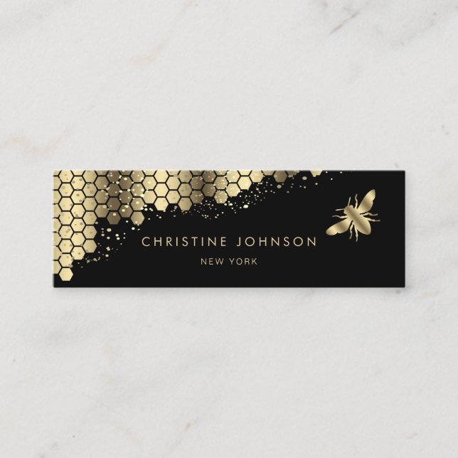 faux gold foil bee on black background mini business card (Front)